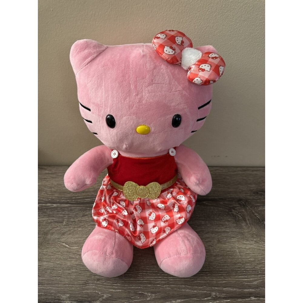 Build A Bear Hello Kitty Pink Holly Jolly Gingham Dress Plush Matches Bow S1